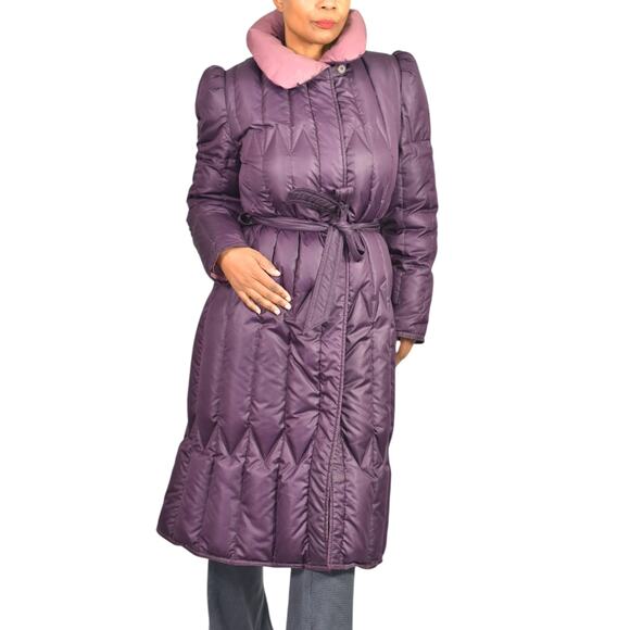 Vintage Quilted Puffer Coat Purple Duck Goose Down Long Midi Puff Sleeves Small - Picture 8 of 16